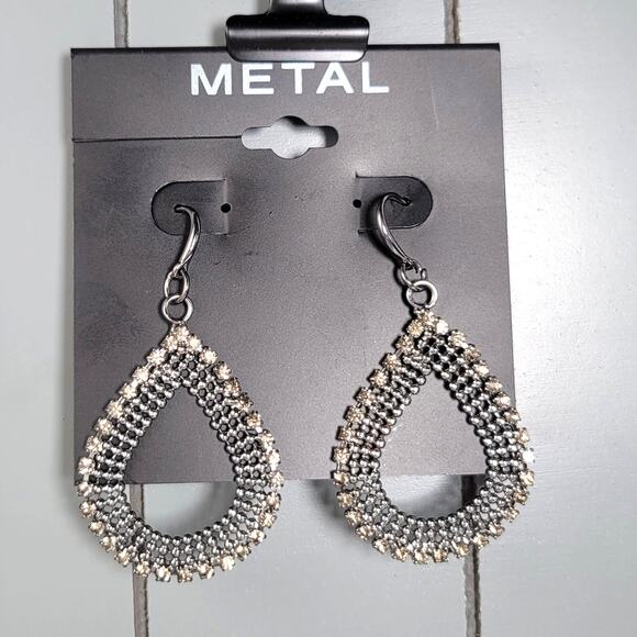 Elegant Metal Teardrop Dangle Earrings, Clear Smoky Faux Crystals New Trendy - Picture 5 of 6